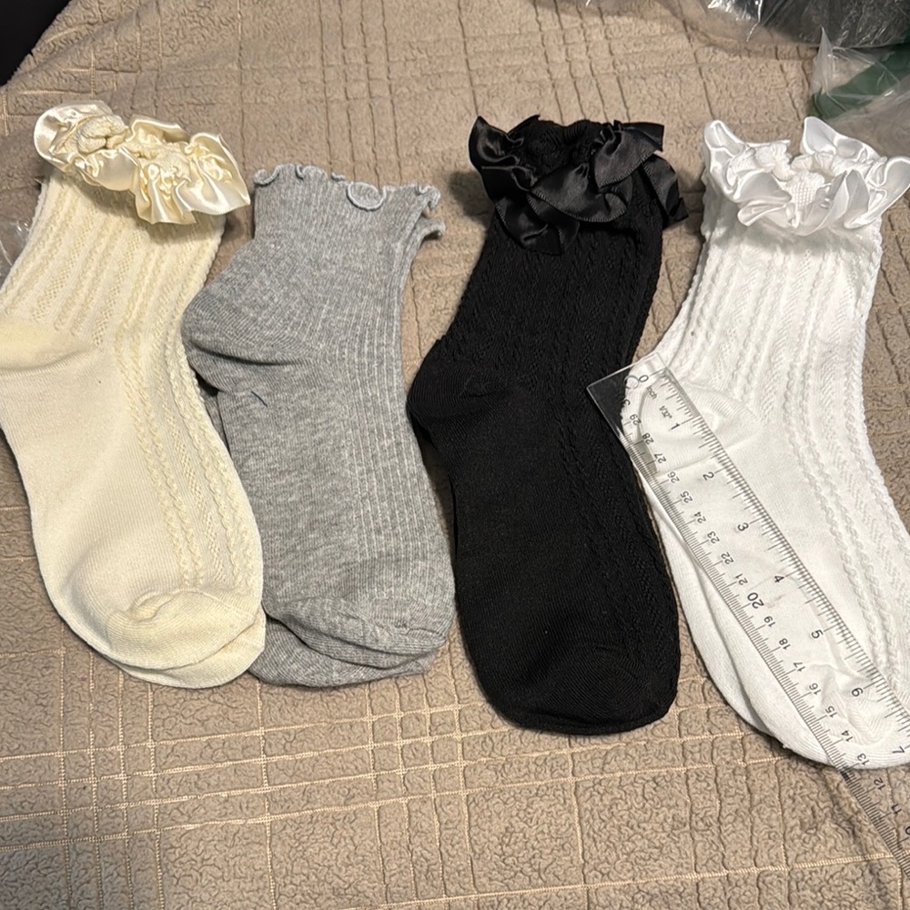 Set of Four Ruffled Ankle Socks - Cream, Gray, Black, White